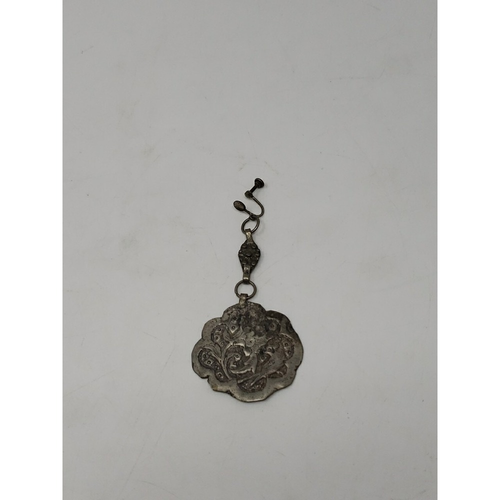 Antique Turkmen Asyk Metal Pendant Dangle Medallion Floral Pattern Screw Closure